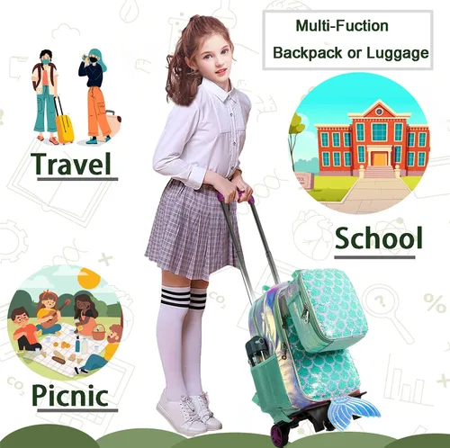 Vista 3 de Meetbelify Mochila con ruedas para niñas de 6 a 8 años, Mochila con ruedas de sirena de 3 piezas, Mochila