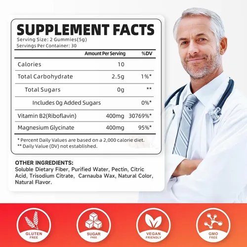 Vista 2 de Gomitas de vitamina B2, riboflavina de 400 mg con magnesio para niños y adultos, gomitas B2 para alivio de la migraña y apoyo energético, sabor a