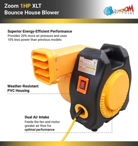 Vista 2 de Zoom Blowers XLT - Soplador inflable para castillo de salto animoso, toboganes de agua y carrera de obstáculos, eléctrico, eficiente de energía