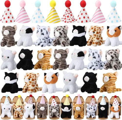 Vista 9 de Juego de 20 Mini Juguetes de Peluche Animales de Peluche Perros con Sombreros de Cumpleaños Cajas de Papel Kraft Cachorros de Peluche Pequeños