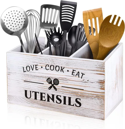 Vista 10 de MINCORD Soporte para utensilios de cocina con 3 compartimentos, caja organizadora de almacenamiento de madera rústica, caja organizadora