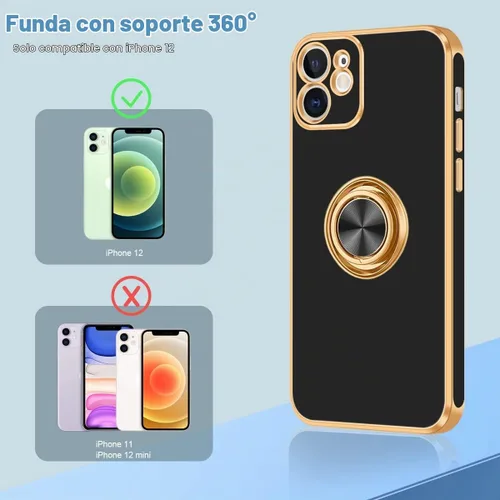 Vista 2 de Fingic Funda para iPhone 12 con Soporte de Anillo, [Soporte de Anillo Giratorio de 360° Magnético con Base] [Borde Dorado Brillante con Enchapado]