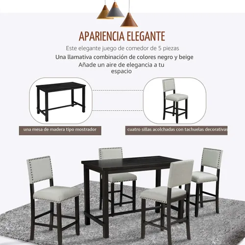 Vista 3 de P PURLOVE Juego de mesa de cocina de 5 piezas, mesa de comedor de altura de mostrador con mesa rectangular y 4 sillas acolchadas para lugares