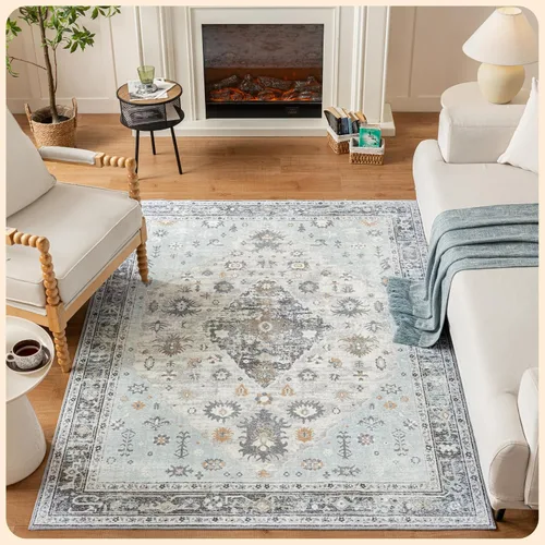 Vista 267 de Istana Alfombra larga antideslizante de 2.5 x 8 para el hogar, para pasillo y cocina, lavable, sedosa y suave al tacto, elegante, color azul y marfil