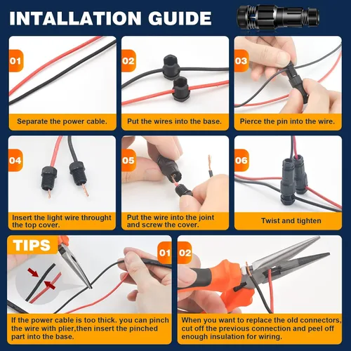 Vista 4 de Paquete de 12 conectores de cable de bajo voltaje calibre 12-20, conectores de cable Fastlock de repuesto, focos de paisaje, conector de cable al