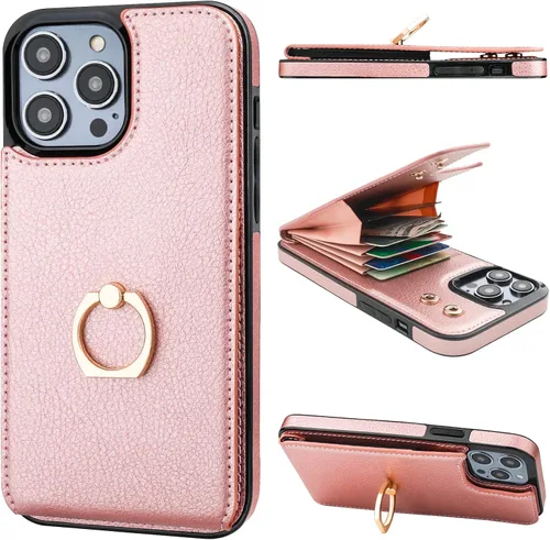 Vista 29 de Folosu Funda tipo billetera compatible con iPhone 14 con soporte para tarjetas, soporte de anillo para dedo con rotación de 360° y función atril