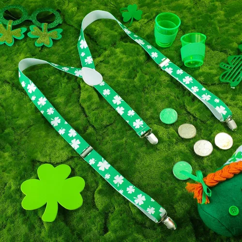 Vista 7 de Geyoga 3 juegos de tirantes verdes para el día de San Patricio tirantes elásticos ajustables para hombre con clips trébol con copas y alfileres