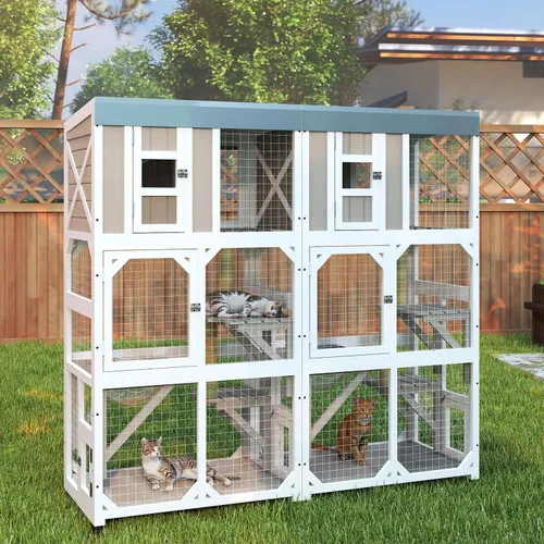 Vista 9 de Gran recinto para gatos Catio para exteriores, patio para gatos con 4 niveles, hamaca para condominio y postes rascadores, techo plano de madera
