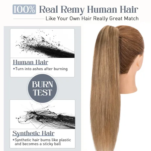 Vista 80 de Rich Choices Extensión de cola de caballo con clip de garra, cabello humano real, una pieza, extensiones de cabello largo Remy para mujer, #18P613