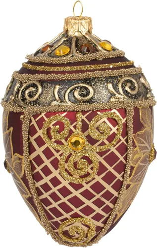 Vista 2 de Fabergé Huevo - Adorno para árbol de Navidad de vidrio soplado de 5 pulgadas, diseño de flor de pascua, color borgoña mate, 5 pulgadas