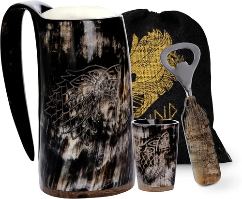 Vista 10 de FENRIR Taza de cuerno vikingo de 16 onzas con vaso de chupito, regalos vikingos para hombres y mujeres, abridor de botellas, jarra de cuerno de buey