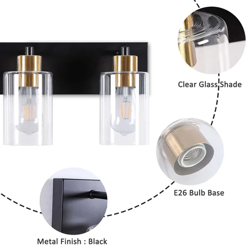Vista 5 de Luz de tocador negra y dorada de 3 luces para baño y cocina, 22 Negro y Dorado