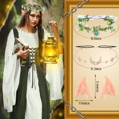Vista 3 de Bonuci 6 Pcs Medieval Renaissance Fairy Costume Women Halloween Elf Cosplay Outfits Victorian Dress Elf Ears Fairy Headpiece