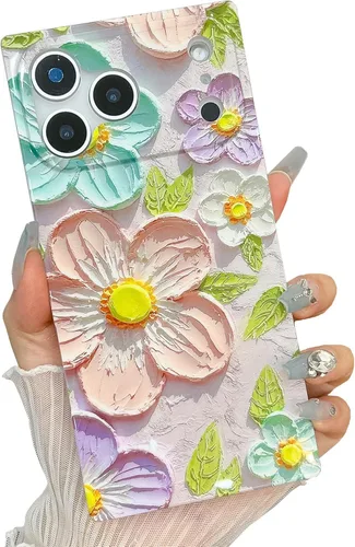 Vista 21 de Funda compatible con iPhone 14 Pro con borde rectangular, bonita funda protectora de lujo con pintura al óleo y flores para mujeres y niñas, funda