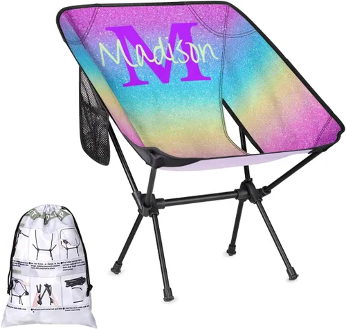 Vista 7 de Silla de camping personalizada portátil con nombre, silla plegable ligera para playa, senderismo, rosa, azul y dorado