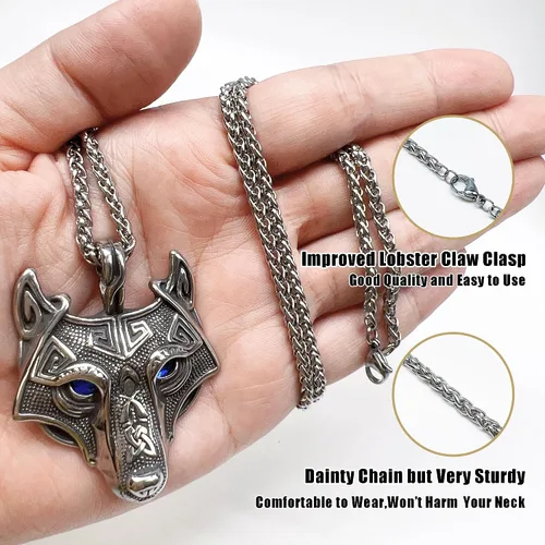Vista 5 de Collar de talismán de lobo vikingo Fenrir cadena de acero inoxidable para hombre, joyería vintage para hombre, colgante de amuleto vikingo pagano