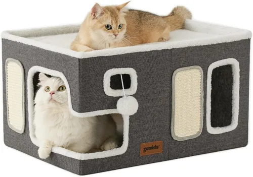 Vista 19 de ZOMISIA Casa térmica para gatos de interior – Cama grande de calentamiento para gatos para invierno con bola esponjosa colgante y almohadilla