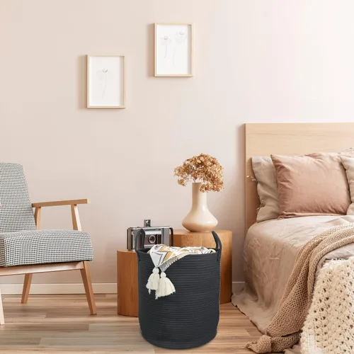 Vista 5 de XUANGUO Cesta de cuerda de algodón negro para ropa sucia, cesta de almacenamiento tejida para sala de estar, dormitorio, cesta de cuerda alta