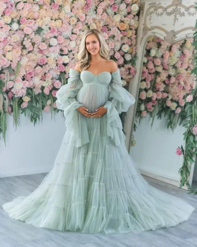 Vista 4 de Vestidos de maternidad de tul para sesión de fotos, batas de hombro descubierto, manga larga, lencería nupcial, vestido de baby shower, vestidos