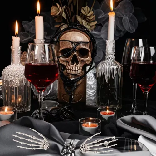 Vista 4 de Manos de esqueleto de Halloween, modelo de esqueleto de mano falsa de plástico para decoración de Halloween, accesorios de terror aterrador, 1 par