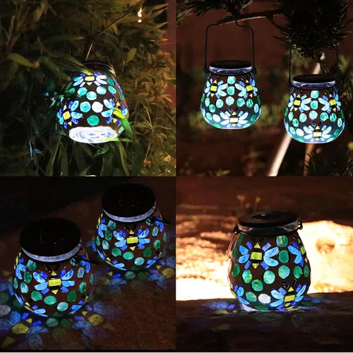 Vista 9 de Afirst - Faroles de mosaico para exteriores, luces solares colgantes de cristal, abejas, impermeables, decorativas para exteriores, jardín, patio