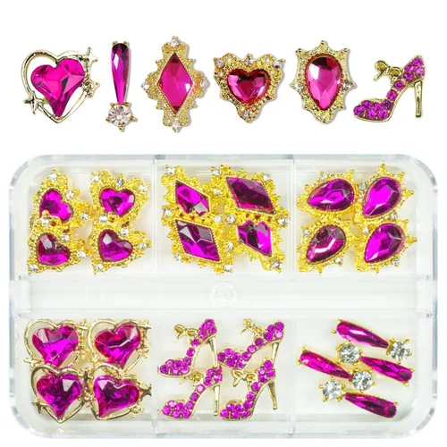 Vista 11 de 24 piezas de piedras brillantes negras para uñas, dijes de uñas de lujo, dijes de corazón negro de jet para uñas, gemas grandes de 3D para uñas