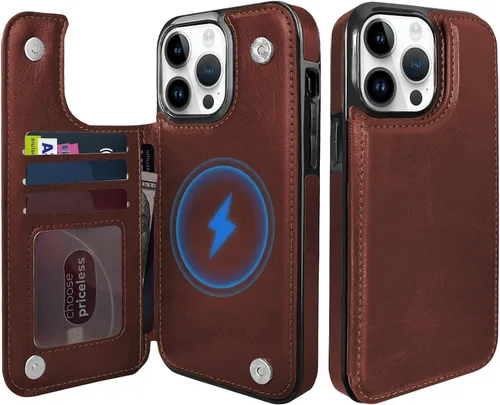 Vista 9 de Funda magnética tipo cartera con tapa para iPhone 14Pro Max de 6.7 pulgadas, compatible con MagSafe, soporte de cuero con soporte para tarjetas