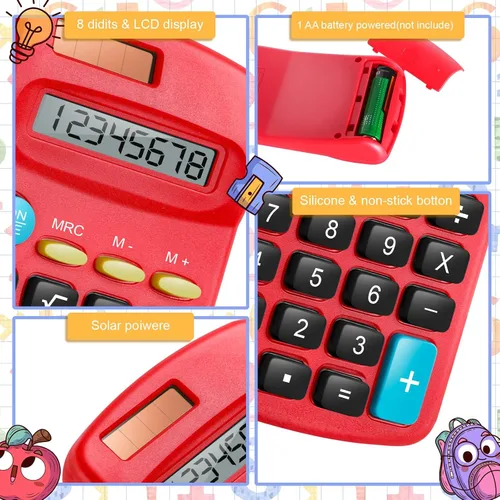 Vista 3 de Paquete de 12 mini calculadoras básicas de tamaño de bolsillo para estudiantes en ángulo de mano, pantalla de 8 dígitos, batería solar, calculadora