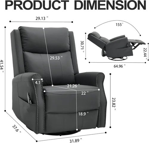 Vista 2 de Faux Leather Manual Swivel Rocker Recliner Chair, Vibration Massage, Gray Grey