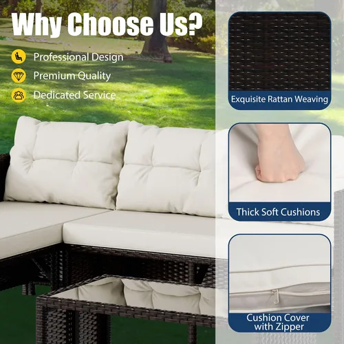Vista 4 de Vongrasig Juego de muebles de patio de 3 piezas, sofá seccional de mimbre PE para todo tipo de clima, juego de conversación pequeño para Beige