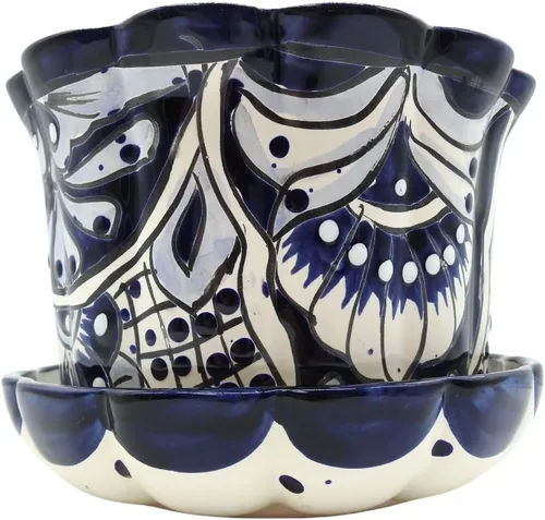 Vista 5 de Maceta violeta grande pintada a mano para interiores y exteriores, multicolor esmaltada (azul y blanco)