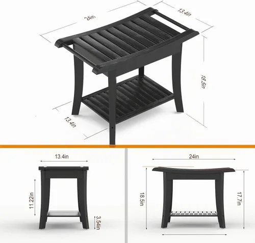 Vista 2 de Taburete Banco de Ducha de Bambú Impermeable con Estante de Almacenamiento para Afeitarse las Piernas o Asiento de Baño de Spa en el Baño y Dentro