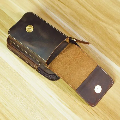 Vista 2 de Le'aokuu Bolso unisex de cuero genuino para hombres y mujeres, con cintura de riñonera y gancho para colgar en la cadera, paquete de 1609, Un marrón