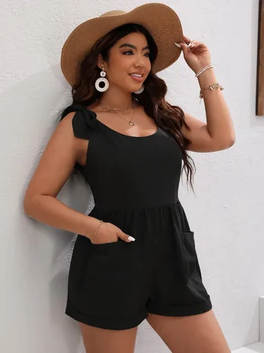 Vista 3 de MakeMeChic Enterizo de verano para mujer, talla grande, con bolsillos, sin mangas, con lazo en el hombro