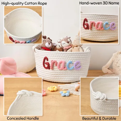 Vista 4 de Cesta de bebé personalizada con nombre, cesta de regalo de algodón de cuerda personalizada, canasta de juguetes, canasta tejida con monograma