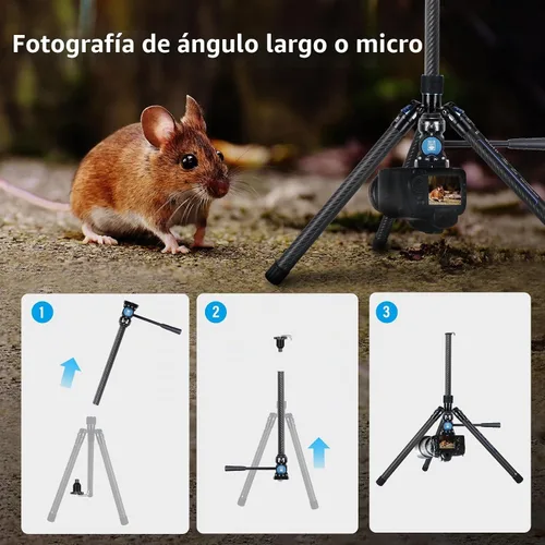 Vista 5 de SIRUI Trípode de fibra de carbono ligero de 2 libras con cabezal fluido panorámico, trípode de cámara compacto de 59.8 pulgadas, configuración