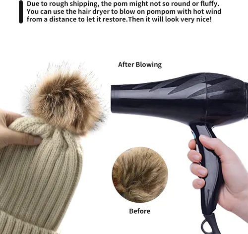 Vista 5 de ZOORON Gorro de punto de invierno para mujer con pompón de piel sintética, gorro de punto cálido para mujer