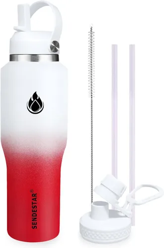 Vista 42 de SENDESTAR - Botella de agua de 0,9 L, 2 tapas (tapa con pajita), boca ancha de acero inoxidable aislada al vacío, doble pared, mantiene los líquidos