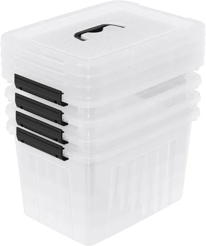 Vista 4 de Paquete de 4 cajas de almacenamiento de plástico, contenedores de almacenamiento con tapa con asa, 20 L, transparentes