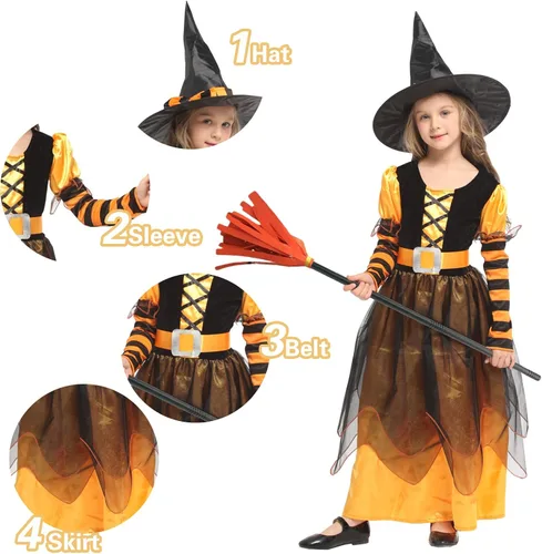 Vista 4 de Witch Costume Girls Halloween Witch Dress Costumes Kids Deluxe Witch Hat Broomstick Halloween Candy Bags Fancy Dress Up Party