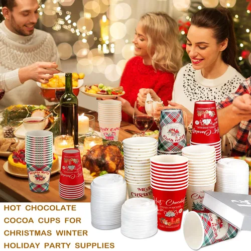 Vista 6 de Gerrii Juego de 100 vasos de papel de Navidad desechables de 12 onzas con tapas, tazas de chocolate caliente, tazas de café, tazas calientes