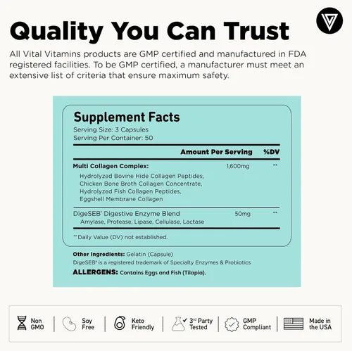Vista 6 de Vital Vitamins Multi-colágeno 150 ct + complejo de hidratación de ácido hialurónico 60