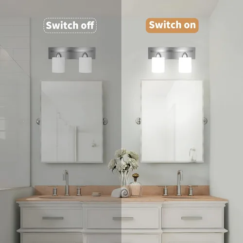 Vista 4 de PARTPHONER - Accesorio de iluminación para tocador de baño - Sobre espejo - Soporte de vidrio moderno - Níquel cepillado, base E26, 2 luces