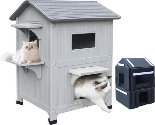 Vista 10 de Casa para gatos al aire libre, resistente a la intemperie, casas de plástico para gatos con puerta de escape, 2 pisos para interiores, impermeable
