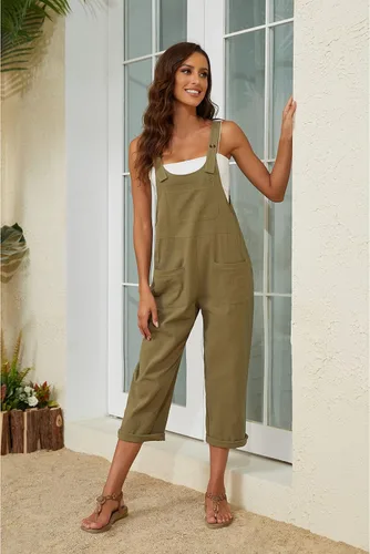 Vista 4 de Mannjin Overol casual de lino de algodón para mujer, con tirantes de botón, sin mangas, con bolsillo (0053-verde militar-L), Verde militar