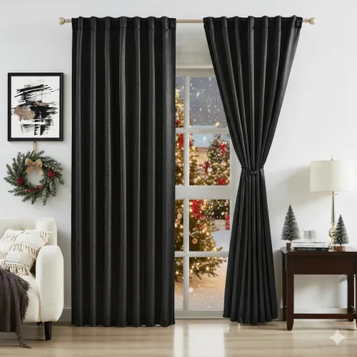 Vista 9 de Bujasso Cortinas de jacquard negras con bolsillo para barra, pestaña trasera y lazos de lujo, cortinas aisladas térmicamente para oscurecer