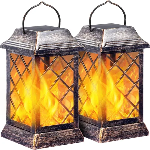 Vista 10 de TomCare Luces solares de metal con llama parpadeante para exteriores, faroles colgantes para exteriores, iluminación decorativa, funciona