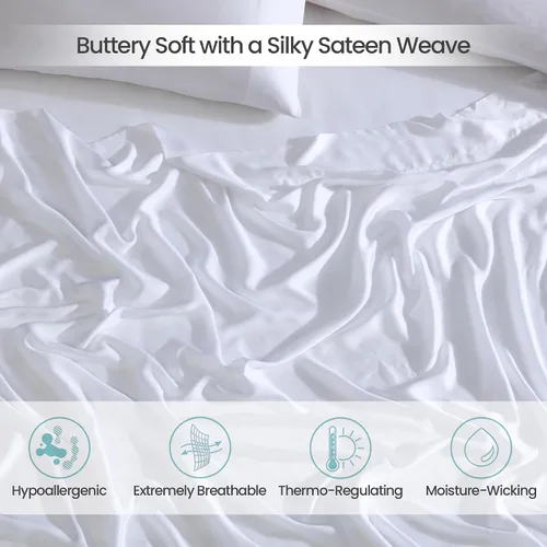 Vista 2 de Juego de sábanas de 100% eucalipto Tencel Lyocell, sedosas, suaves y lisas para todas las estaciones, fabricadas de forma sostenible, absorben