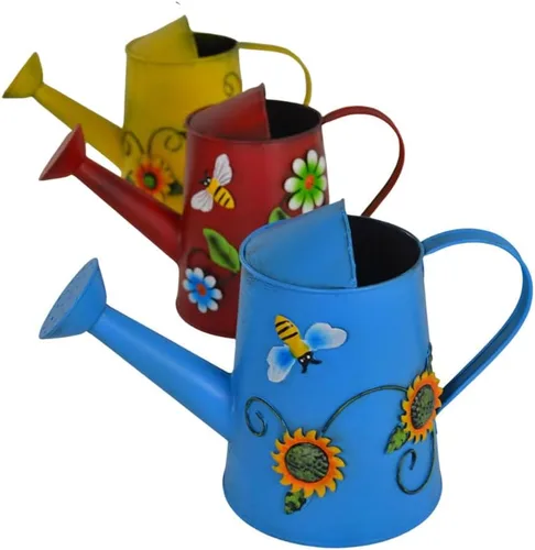 Vista 6 de Regadera decorativa de metal con girasol y abeja (vol: 4 tazas) Regadera azul pequeña Decoración de jardín Regalo de inauguración de la casa