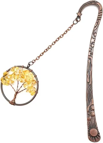 Vista 3 de Marcapáginas de metal con diseño de árbol de la vida, 7 chakras, ágata roja, piedras caídas, marcapáginas